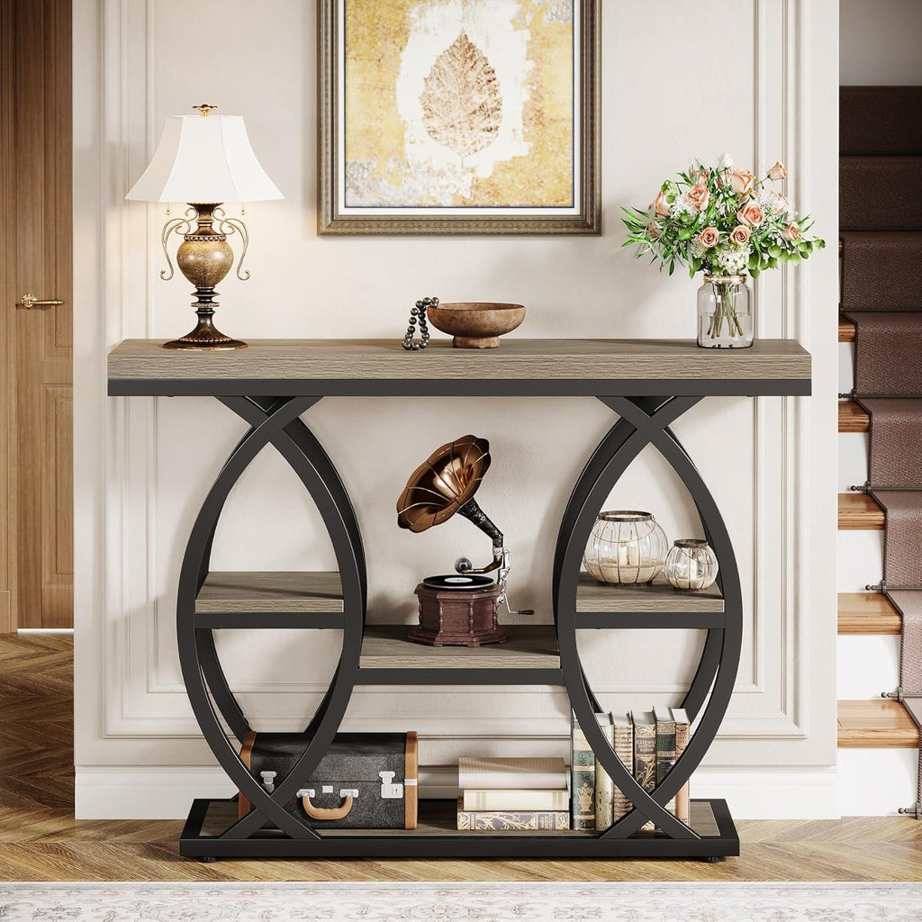 Grey Industrial 39.4in Narrow Console Table Storage-2