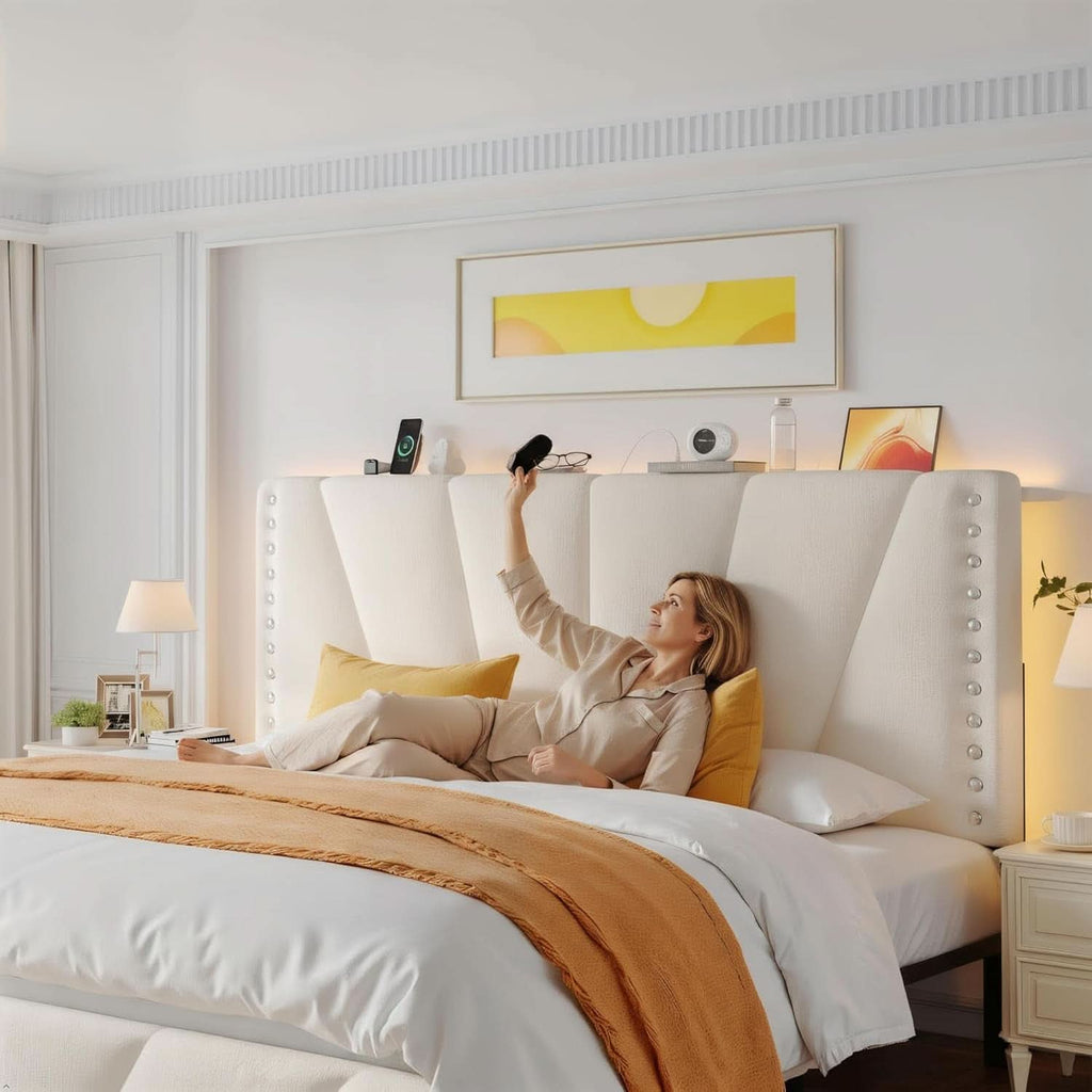 Queen Size Beige Velvet Upholstered Headboard Bed Frame