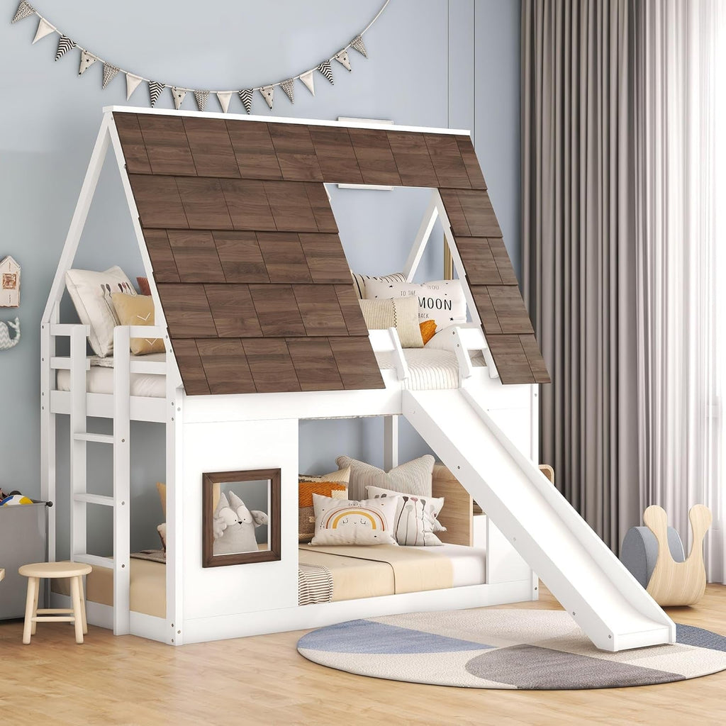 Twin Size Montessori Wooden Playhouse Bunk Bed Slide-2