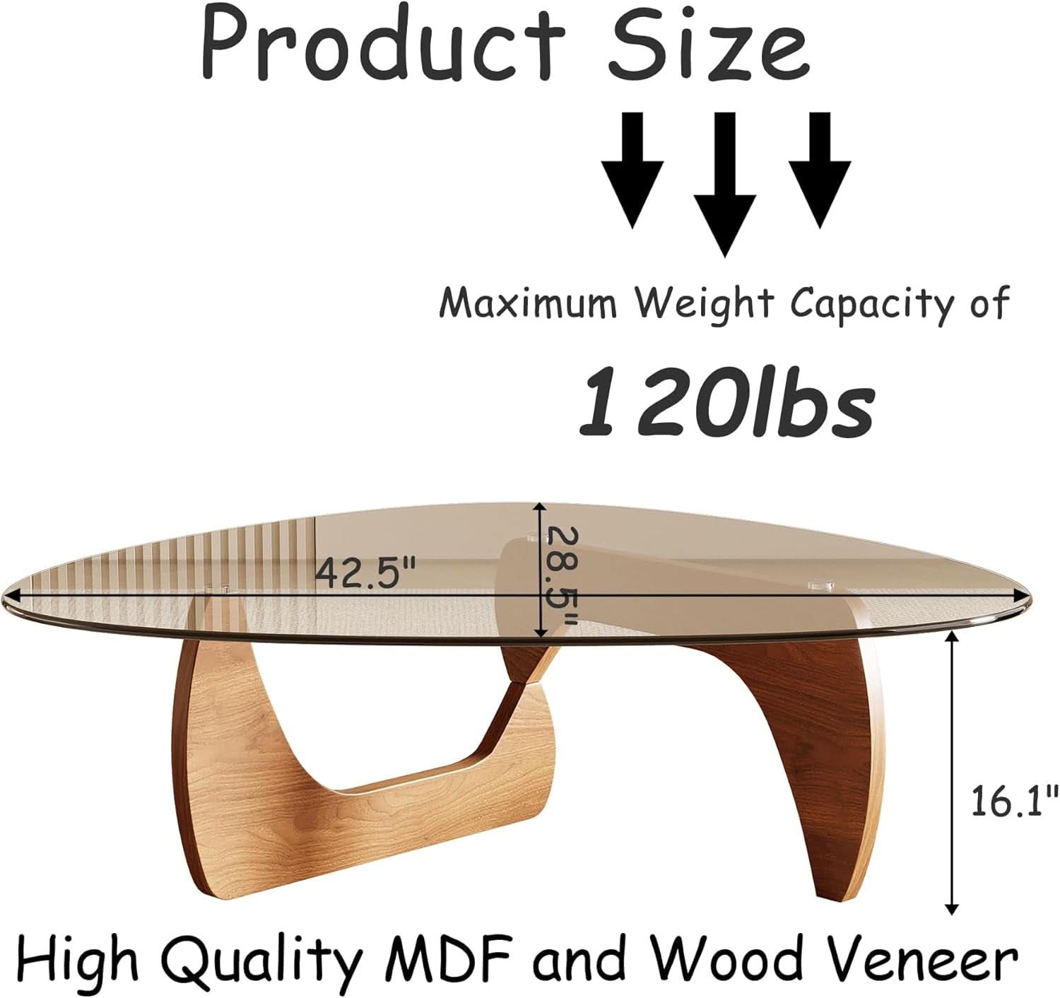 42.5 Inch Triangular Glass Coffee Table Natural Wood-1