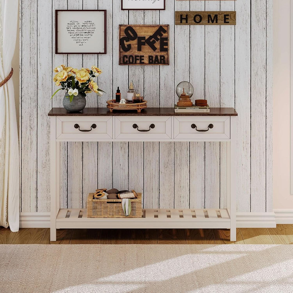 47Inch SoftWhiteBrown TraditionalFarmhouse Console Table Drawers-4