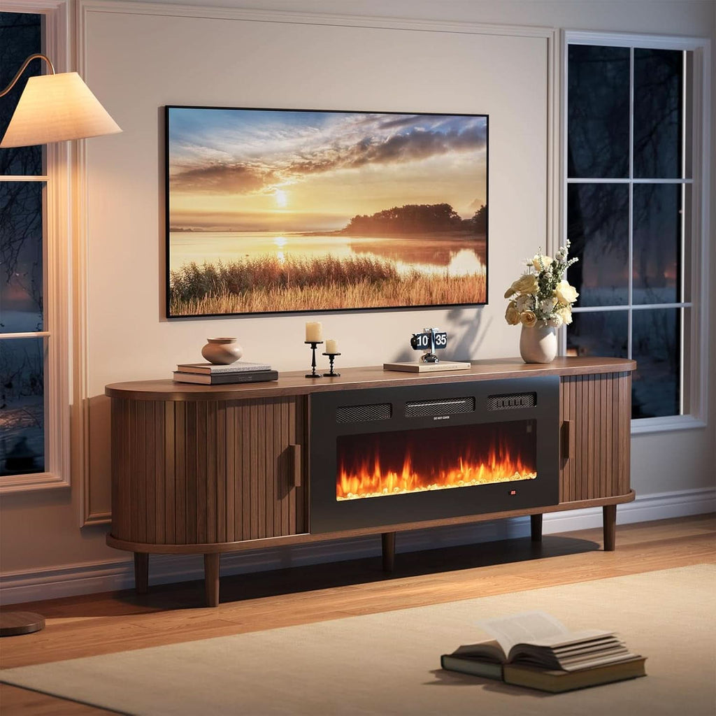 Seventy Inch Walnut TV Stand With Electric Fireplace-1