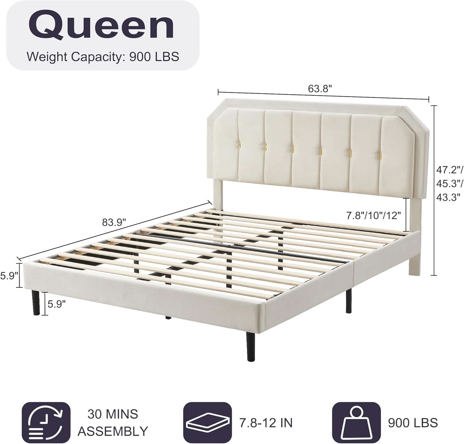 Queen Velvet Bed Frame Beige Upholstered Headboard