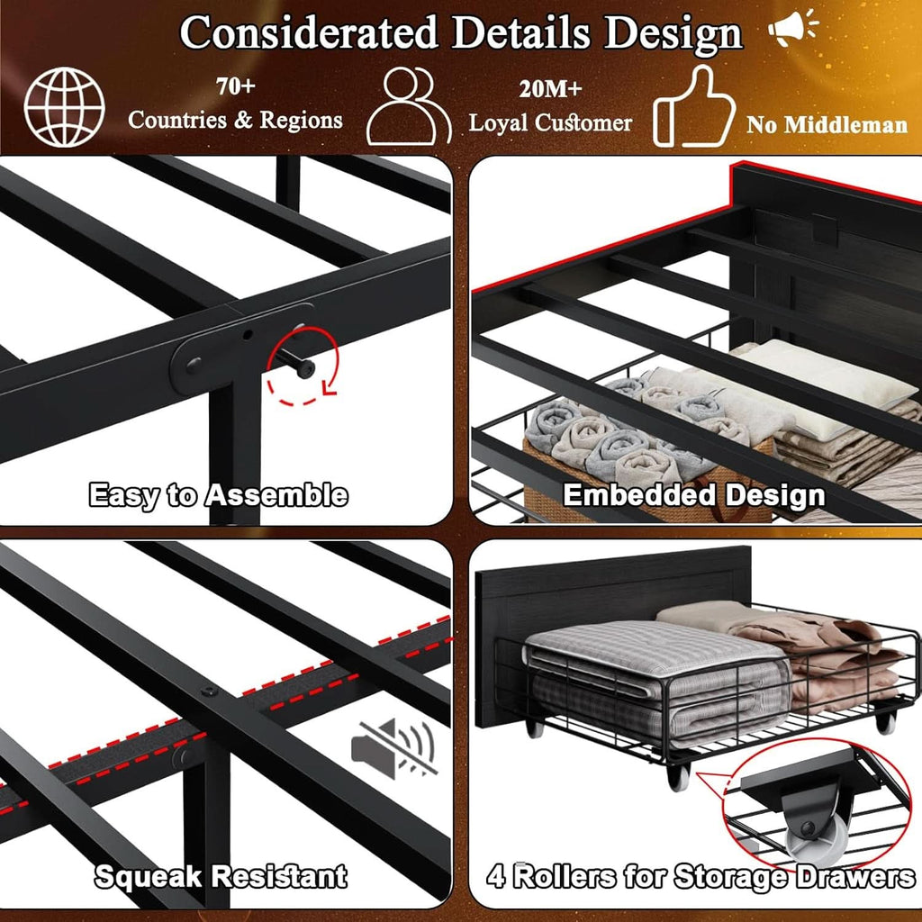 Queen Bed Frame With Storage Head board With LED Black