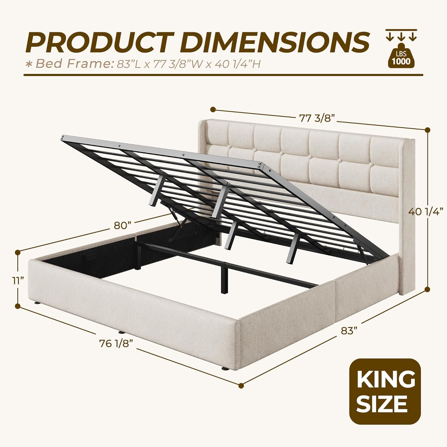 King Size Storage Bed Frame Beige Textured Upholstered