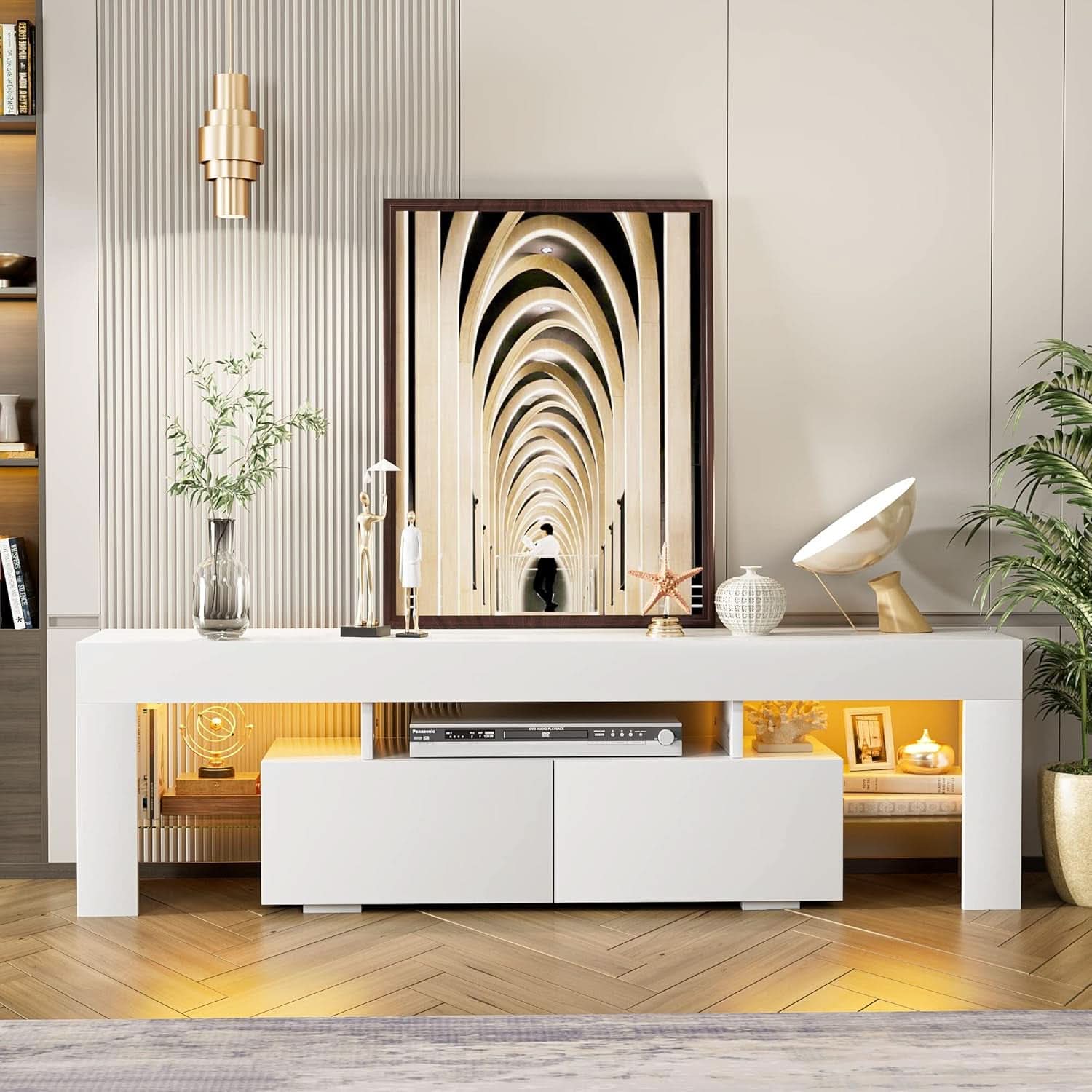 White Entertainment TV Stand With LED Illumination-3