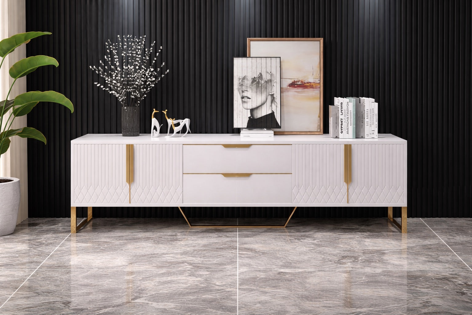 Modern Luxury TV Stand / Sideboard – White & Gold Finish