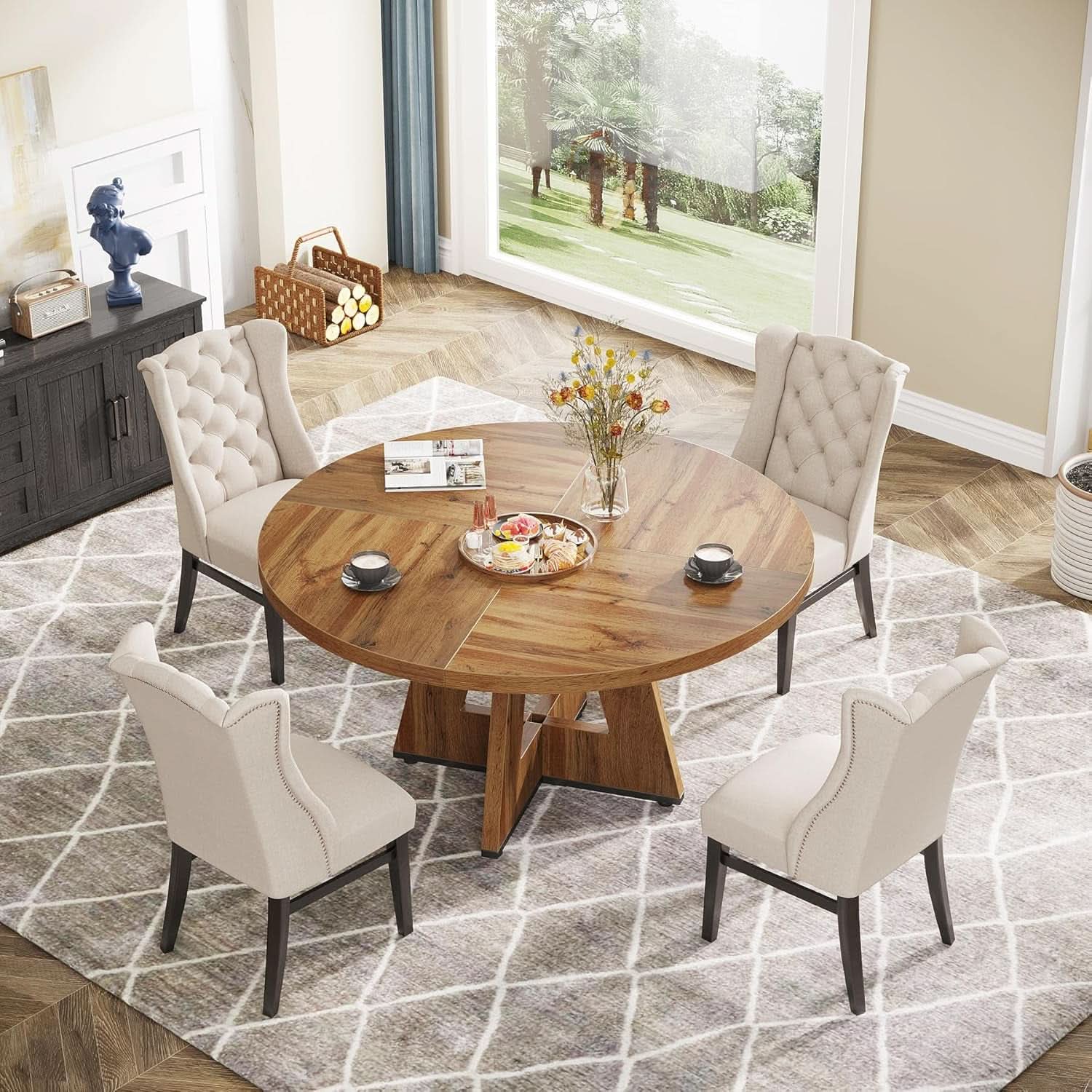 Round 47 Inch Farmhouse Dining Table For Four Kitchen Living Room Wood-4