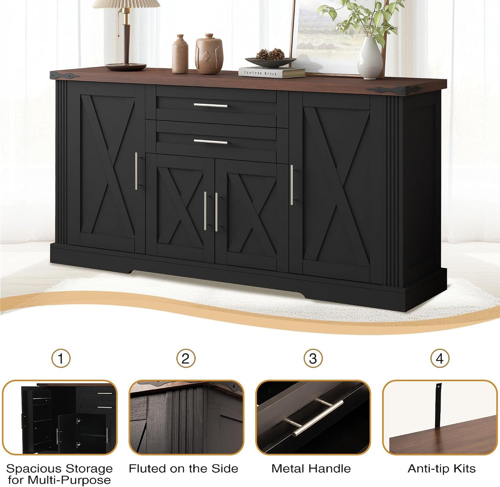 63Inch Charcoal Farmhouse Barn Door Sideboard Cabinet-4