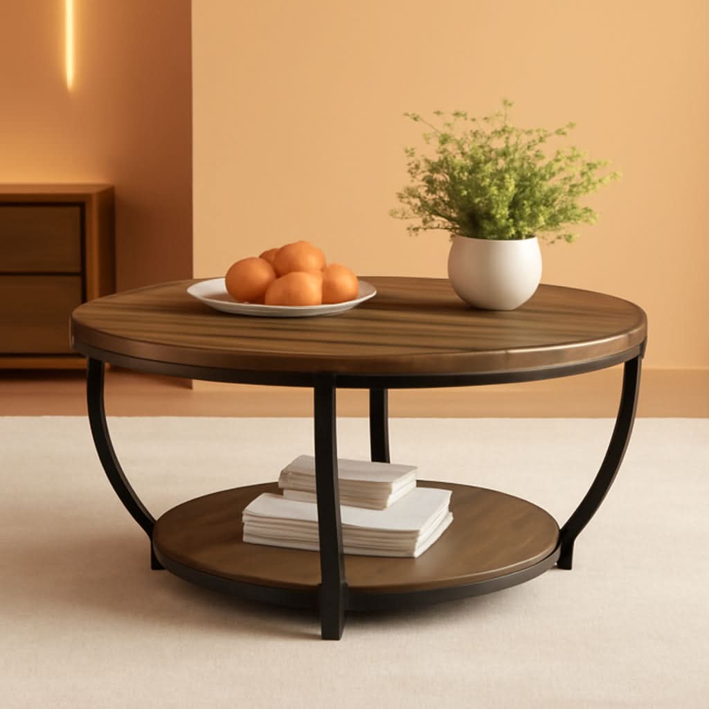 Round Coffee Table 31.7Inches Rustic Brown Storage-0