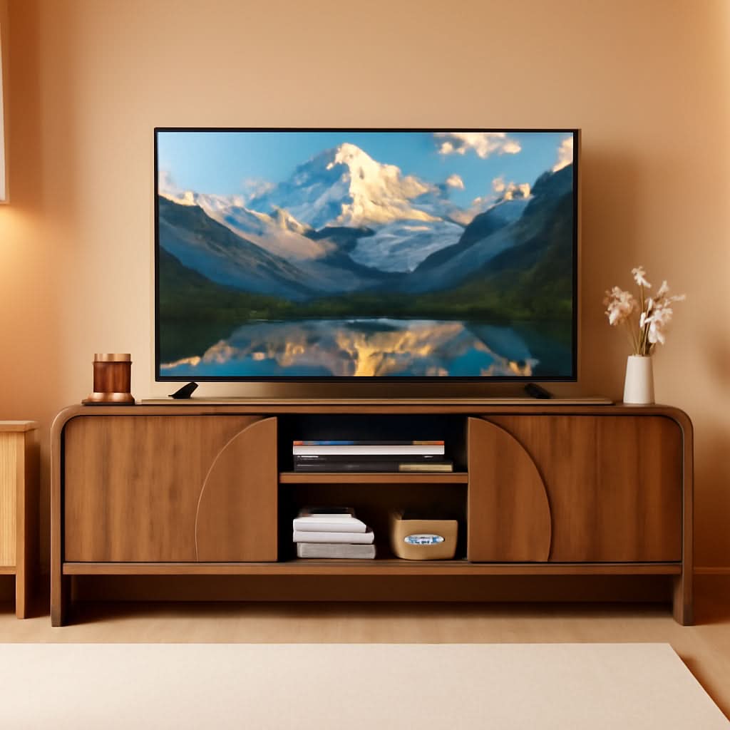 Walnut 63 Inch TV Stand Sliding Doors Entertainment-0