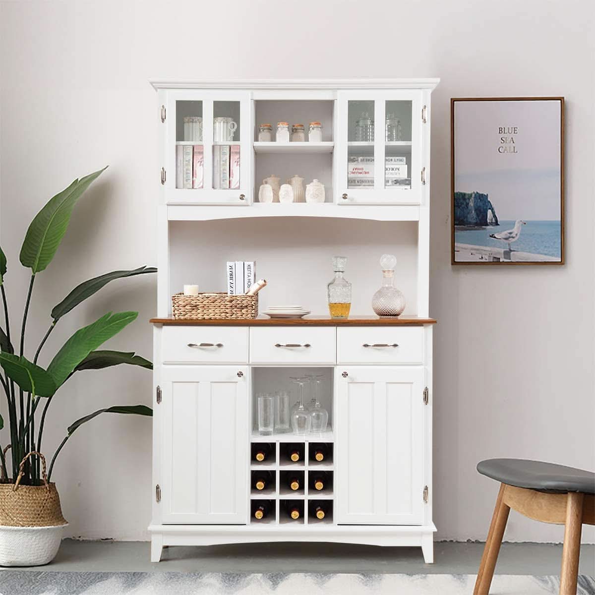 White Kitchen Hutch Sideboard With Built In Wine Rack-1