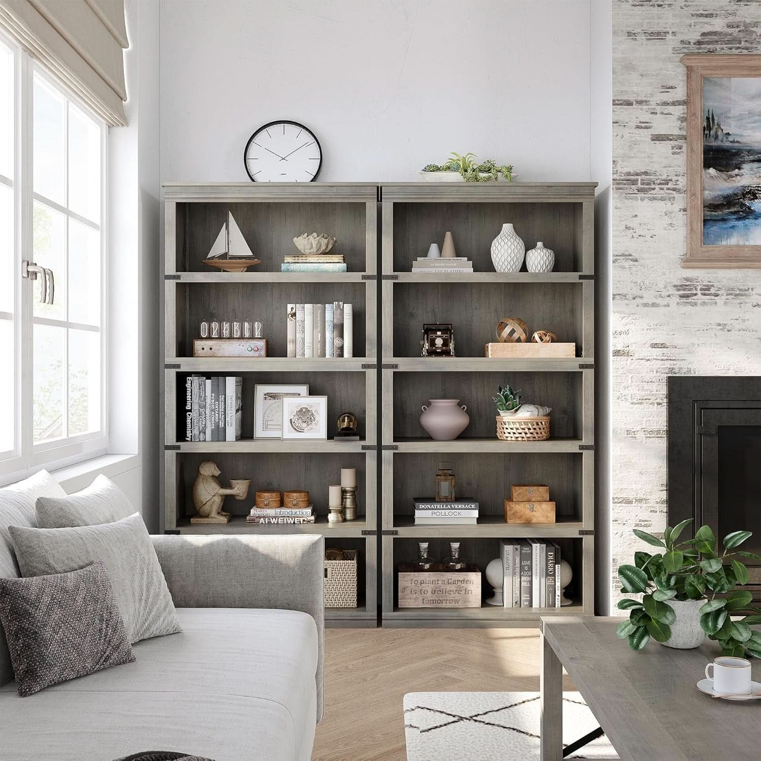 Grey Farmhouse Five Tier Bookcase Living Room Storage