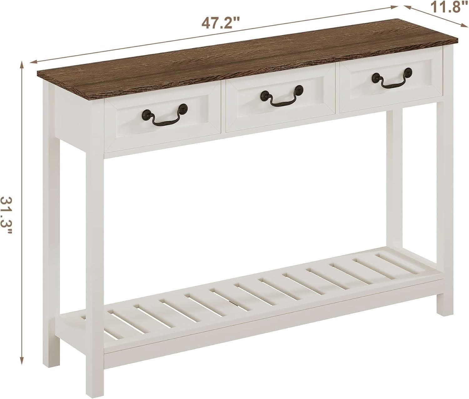 47Inch SoftWhiteBrown TraditionalFarmhouse Console Table Drawers-1