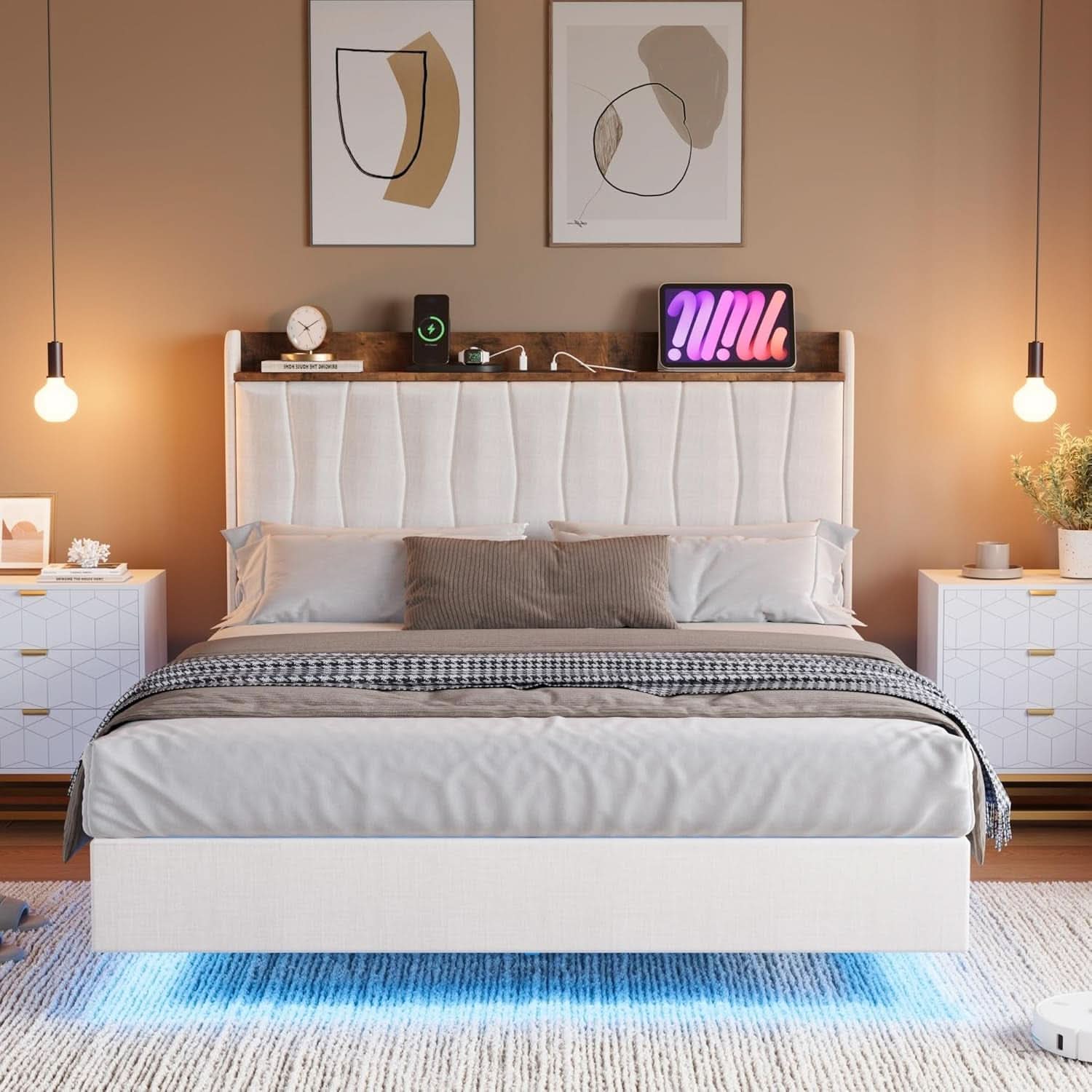 Floating King Bed Frame With LED Headboard Lighting