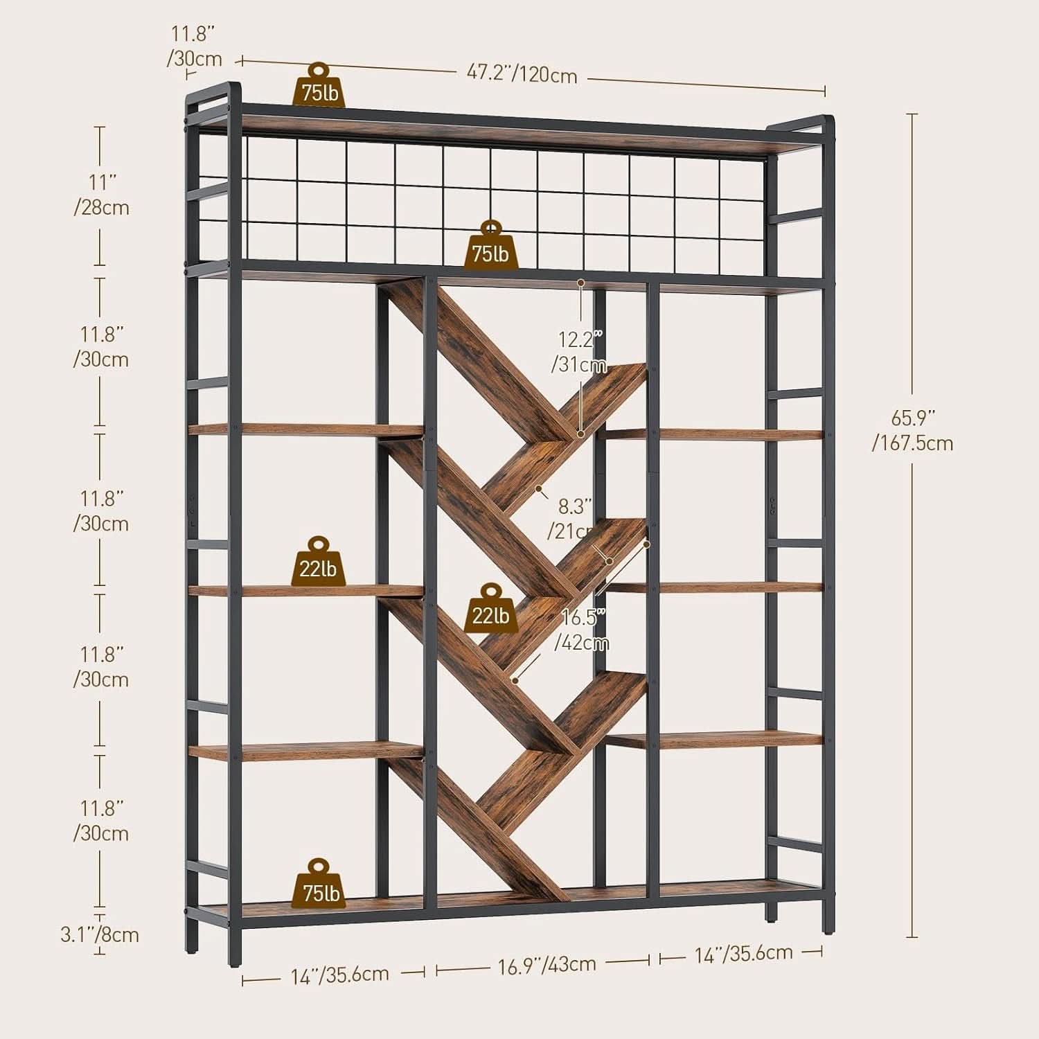 Sturdy 6 Tier Industrial Bookcase Integrated Display