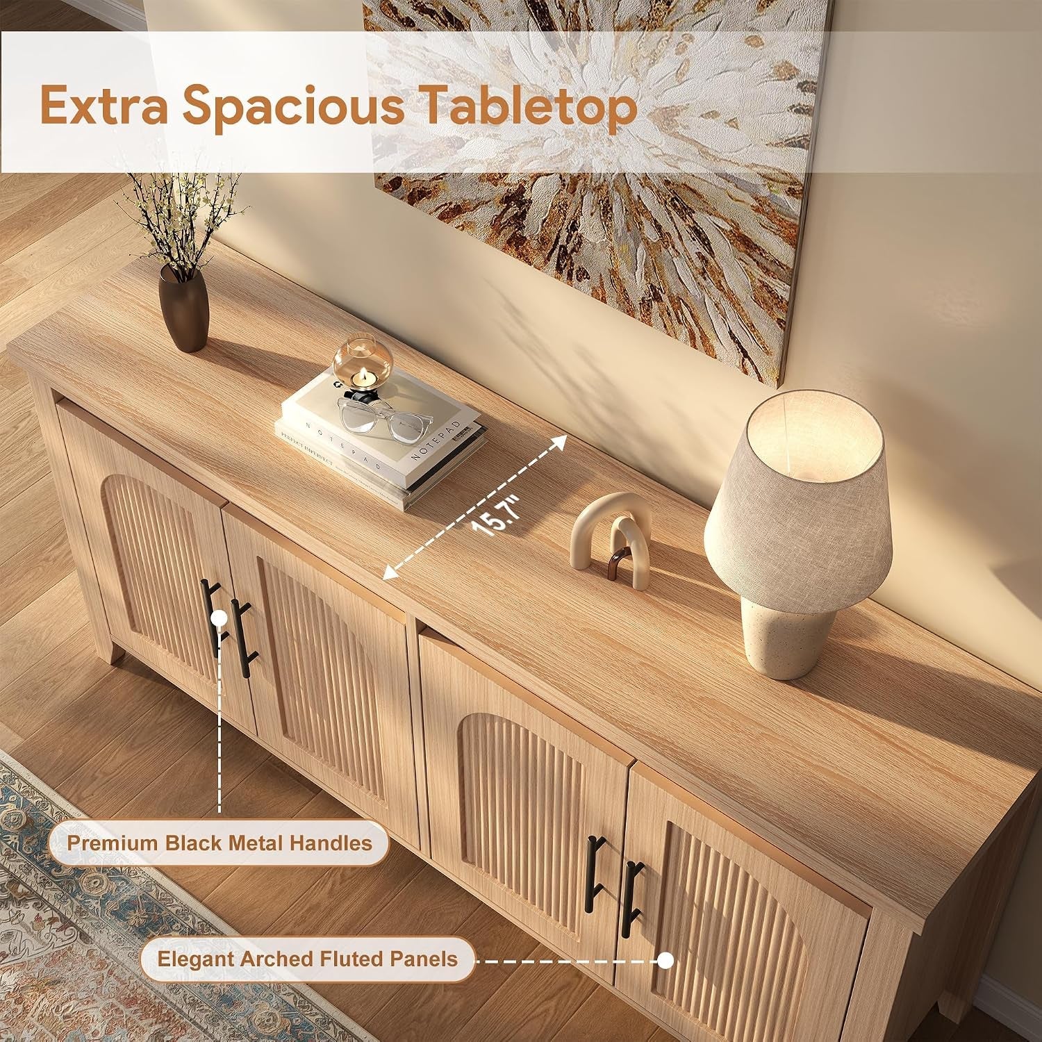 Sixty Three Inch Exquisite Fluted Arched Solid Wood Sideboard
