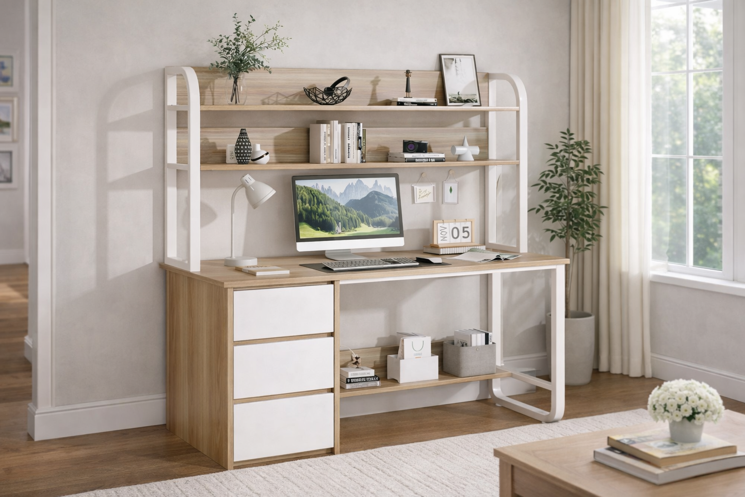 60” Modern Computer Desk w/ Hutch & Storage