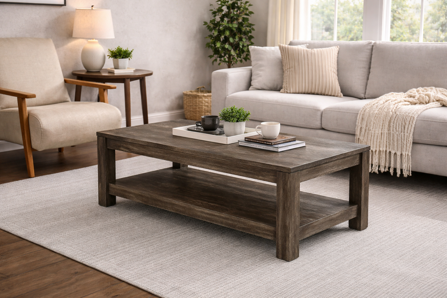 Rustic Wood Coffee Table w/ Lower Shelf – Modern Farmhouse Style