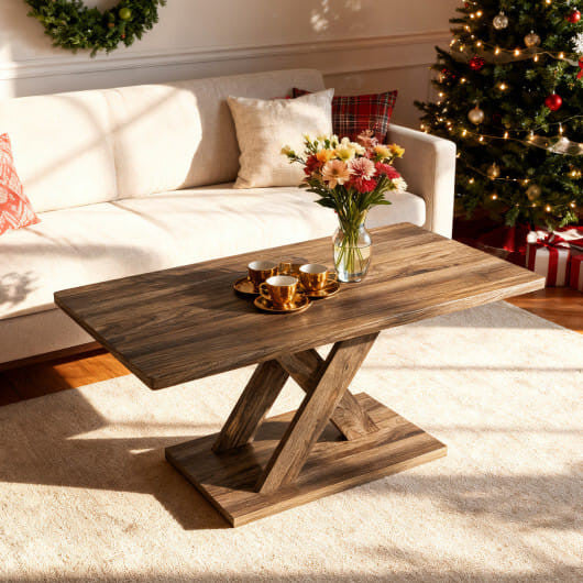 37.5 Inch Rectangular Coffee Table with Stable Base and Rubber Wood Connection for Living Room-Brown-0