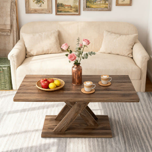 37.5 Inch Rectangular Coffee Table with Stable Base and Rubber Wood Connection for Living Room-Brown-1