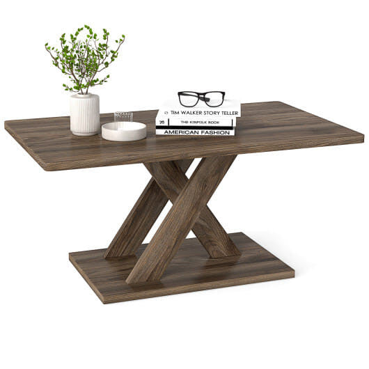 37.5 Inch Rectangular Coffee Table with Stable Base and Rubber Wood Connection for Living Room-Brown-4