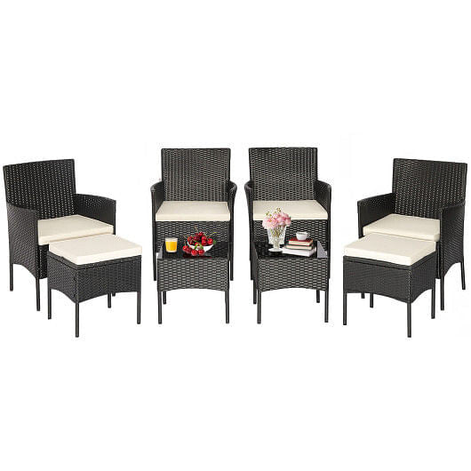 8 Pieces Patio Wicker Conversation Set with 2 Coffee Tables and 2 Ottomans-0