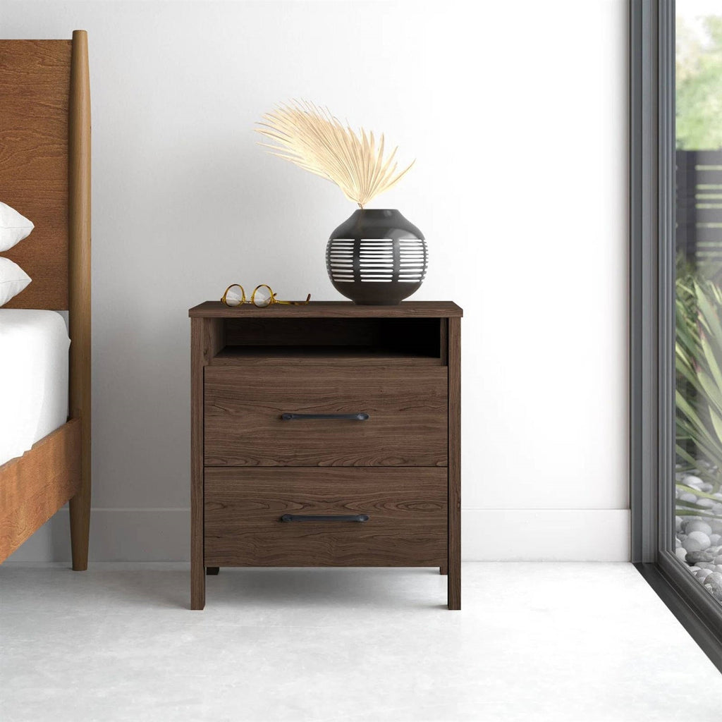 Modern 2-Drawer Nightstand Bedside Table in Brown Walnut Wood Finish-1