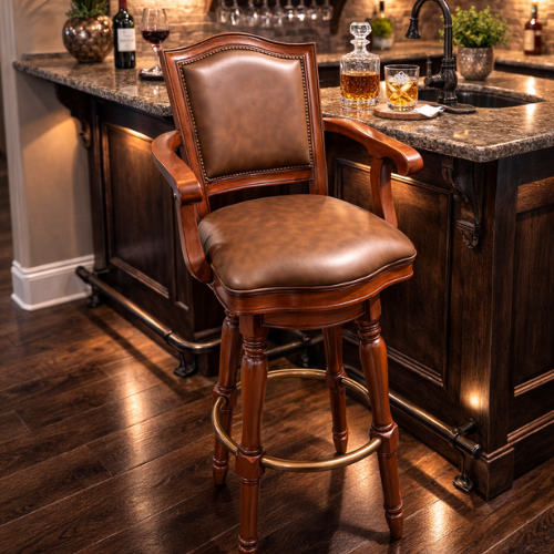 Luxury Leather Bar Stool – Wood Frame w/ Brass Footrest