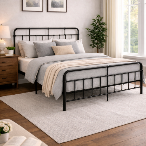 Full Size Black Metal Bed Frame – Modern Farmhouse Style