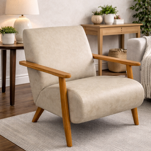 Modern Accent Chair – flux leather w/ Wood Arms (Beige/Tan)