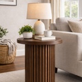Solid Wood Round End Table – Modern Fluted Design