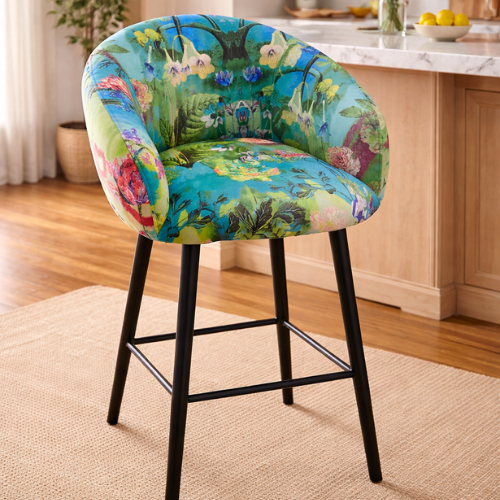 Modern Floral Accent Bar Stool – Black Legs