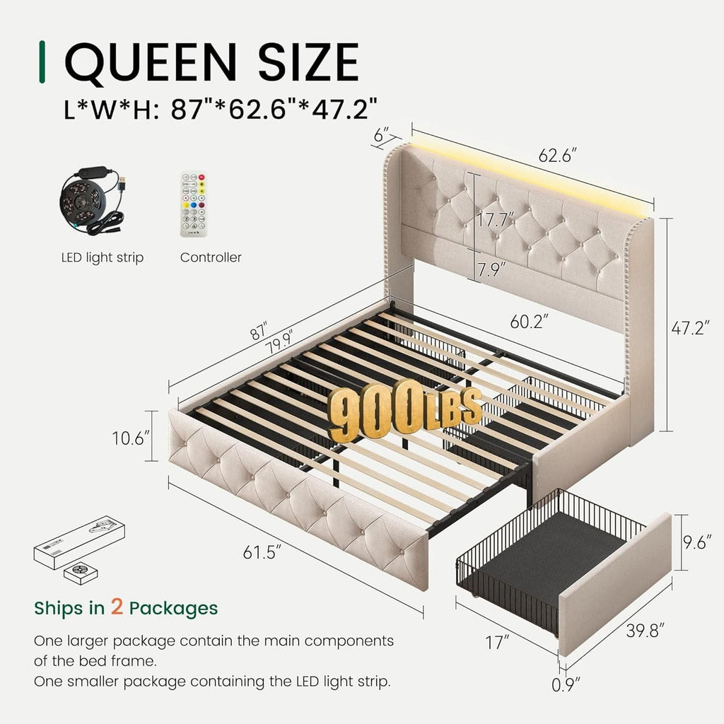 Queen Upholstered Platform Bed Frame Integrated LEDs