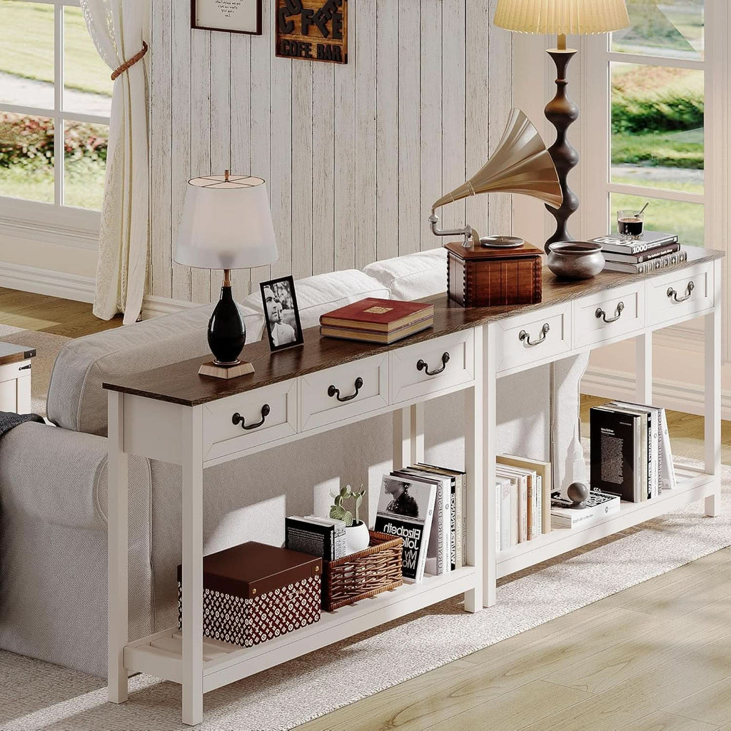 47Inch SoftWhiteBrown TraditionalFarmhouse Console Table Drawers-2