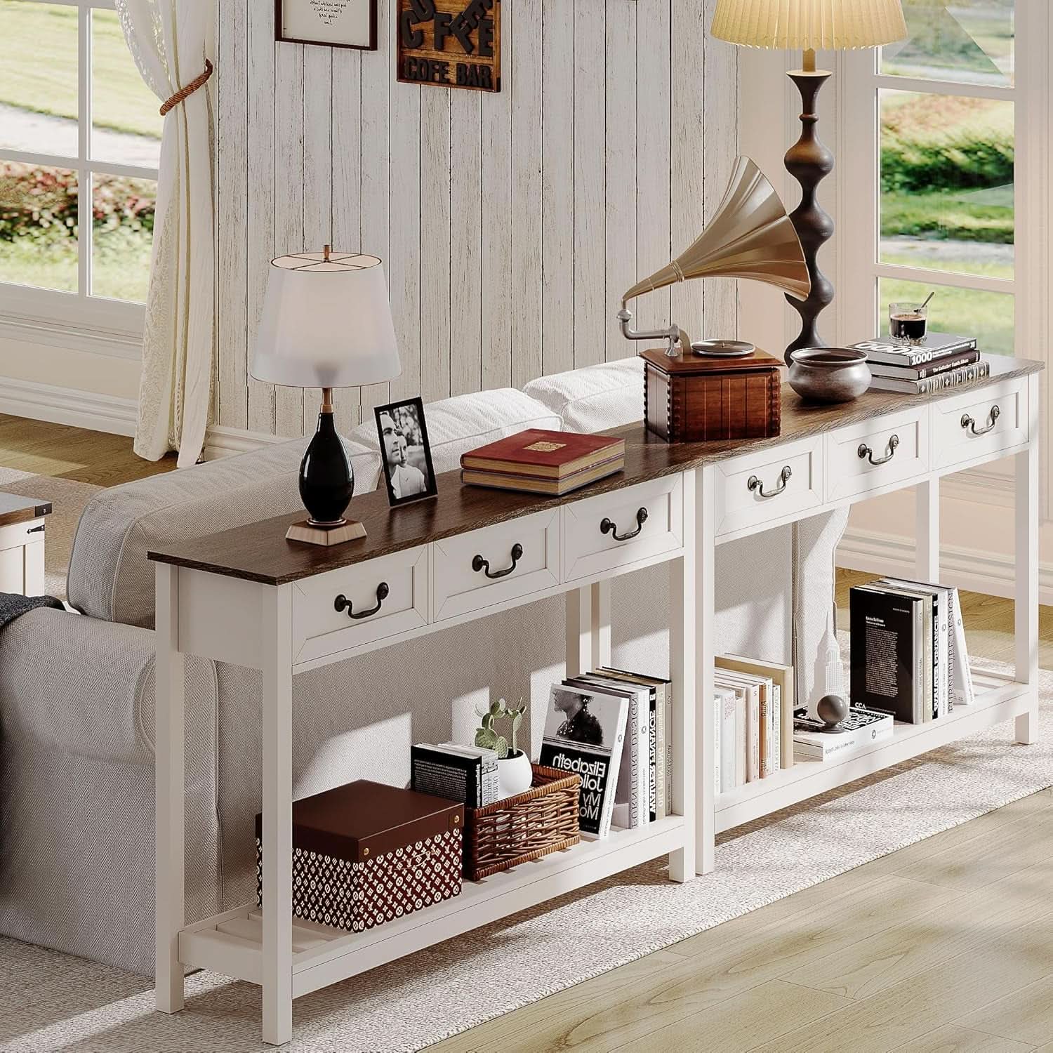 47Inch SoftWhiteBrown TraditionalFarmhouse Console Table Drawers-2