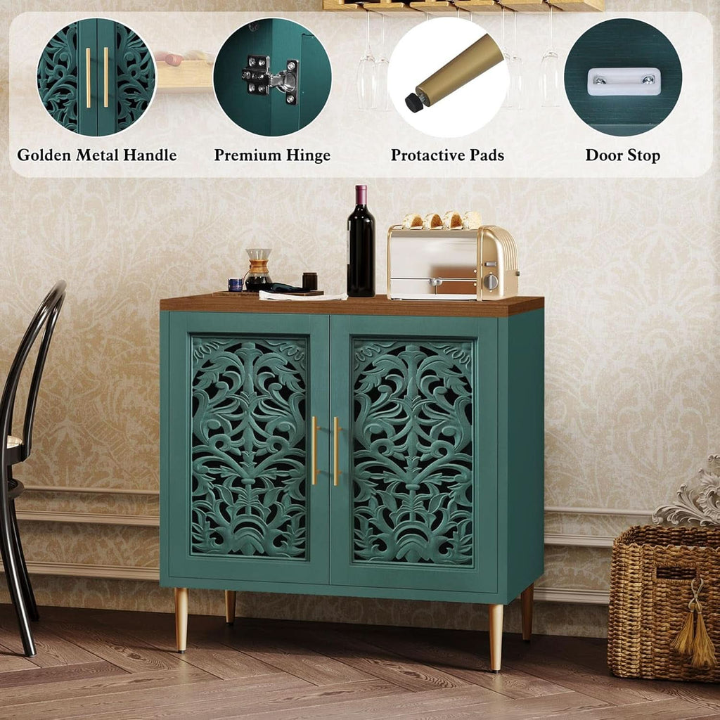 Green Accent Cabinet Carved Storage Vintage Furniture-4
