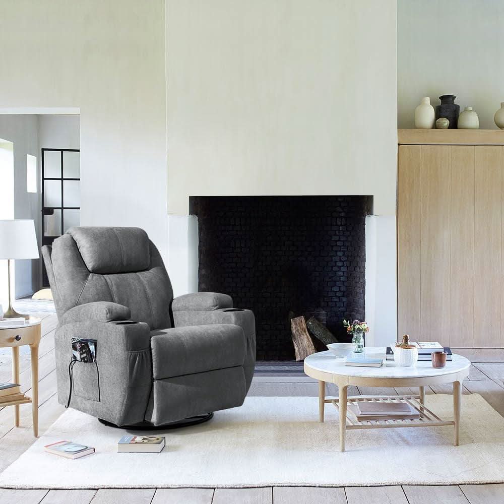 Gray Massaging Recliner With Cupholders Extendable Footrest