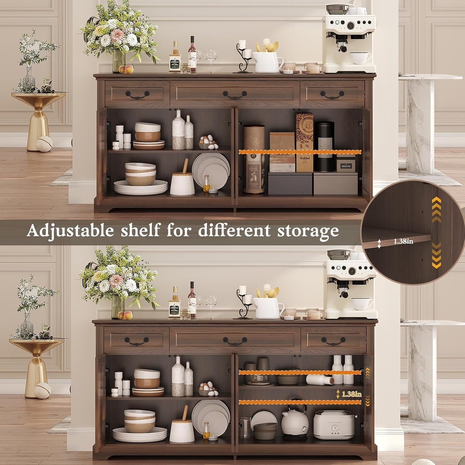 65Inch Walnut Farmhouse Style Sideboard Buffet Cabinet-4