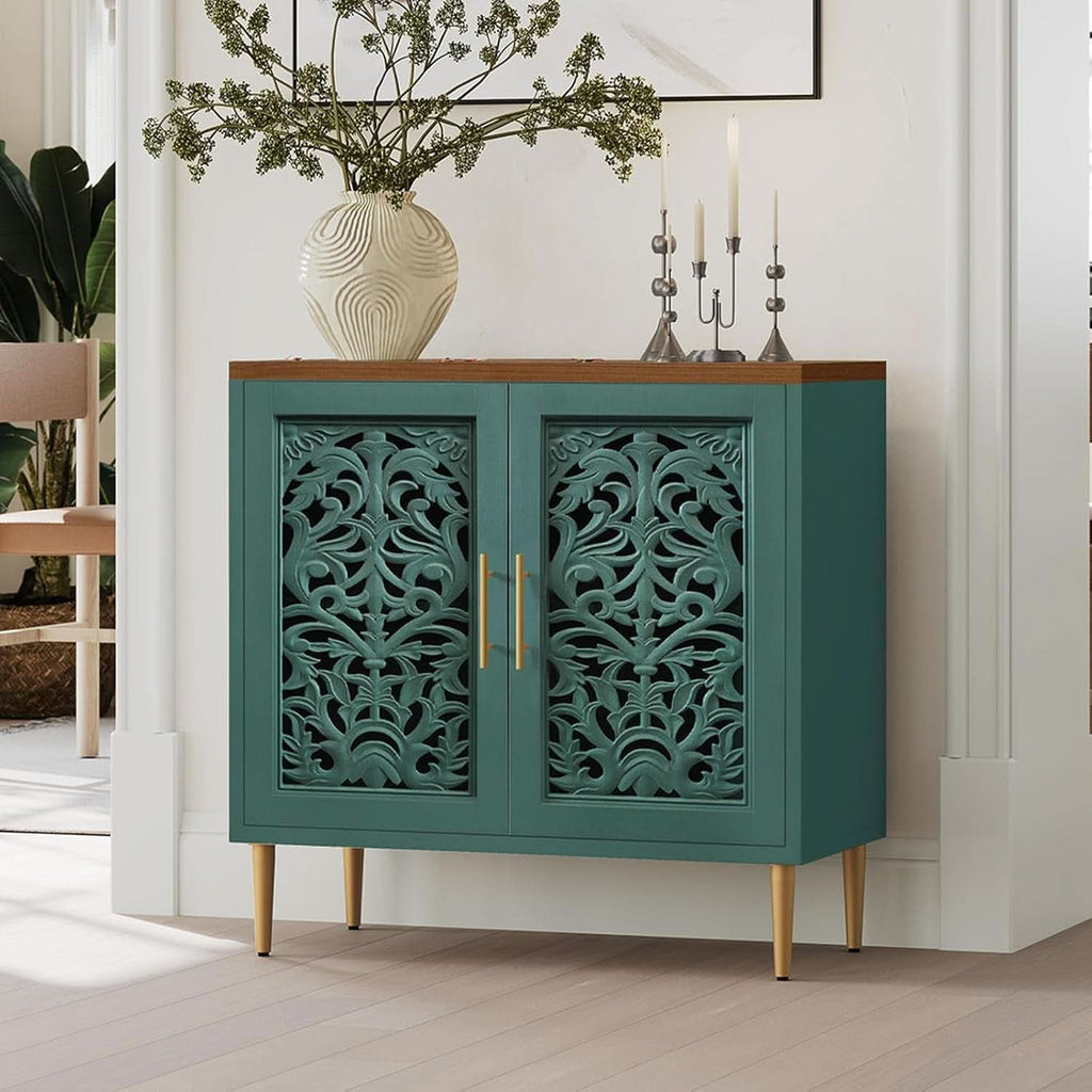 Green Accent Cabinet Carved Storage Vintage Furniture-0