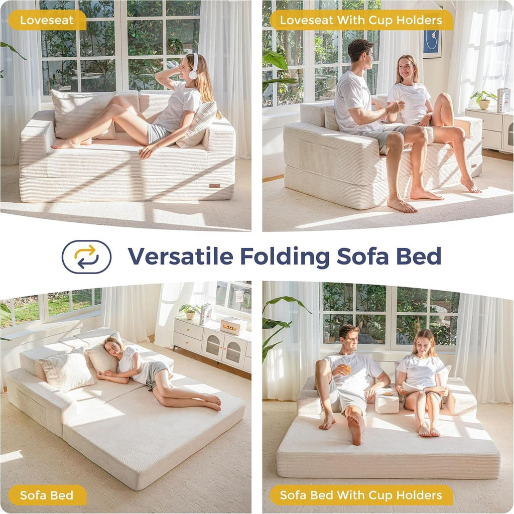 Beige Foldable Convertible Sleeper Sofa With CupHolders-3