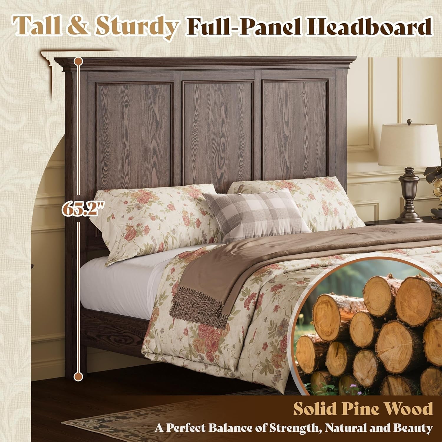 Midcentury Modern DarkPine King Bed Frame Headboard