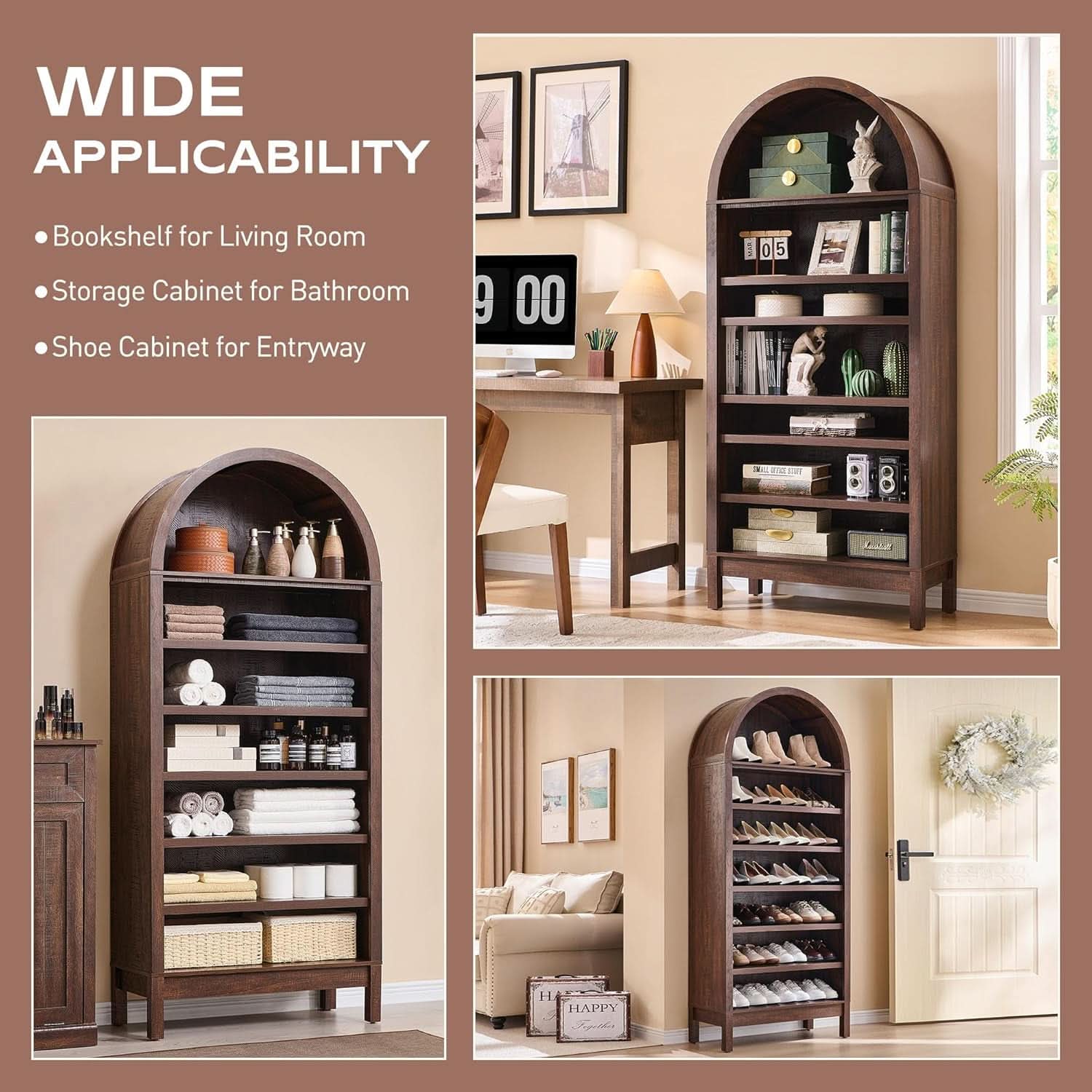 Tall Arched Brown Finish Bookcase With Adjustable Shelves