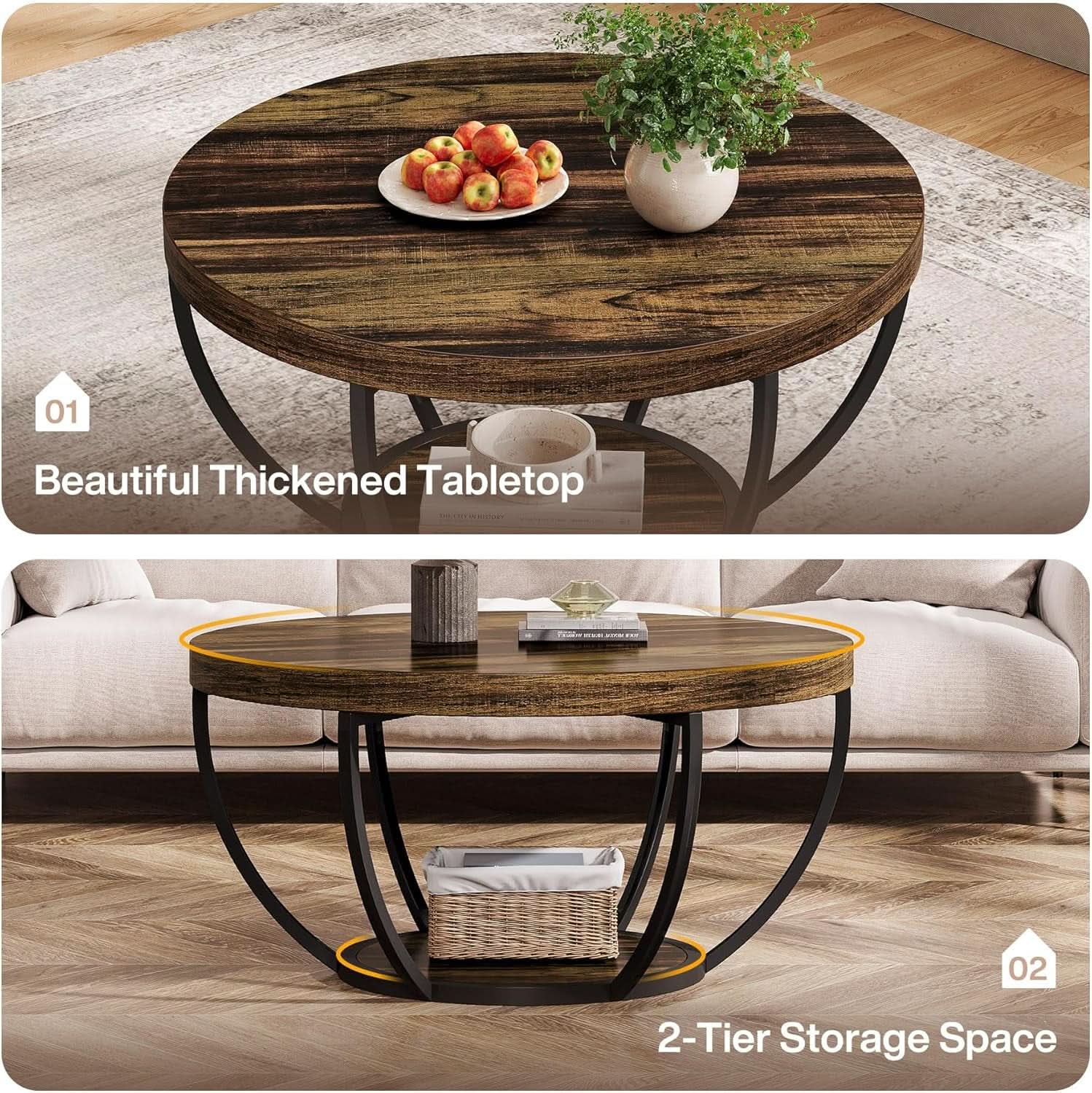 Round Coffee Table 31.7Inches Rustic Brown Storage-2