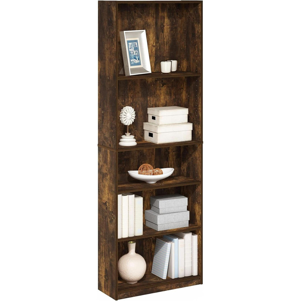 Adjustable 5 Tier Amber Pine Bookcase Living Room Storage-4