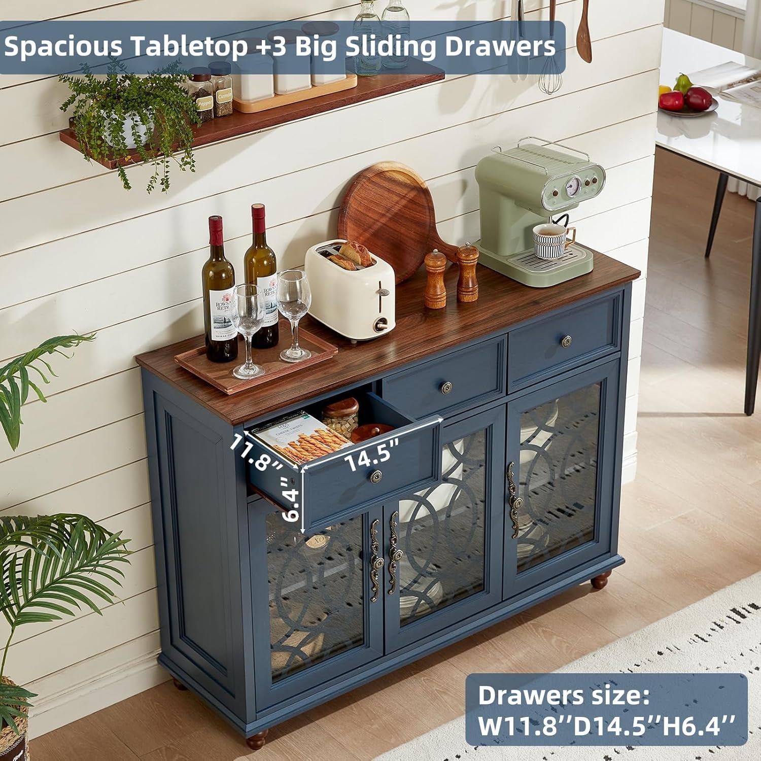 Navy Blue Rustic Farmhouse Sideboard Cabinet Glass