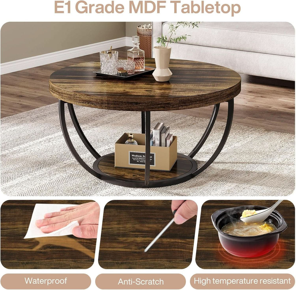Round Coffee Table 31.7Inches Rustic Brown Storage-3