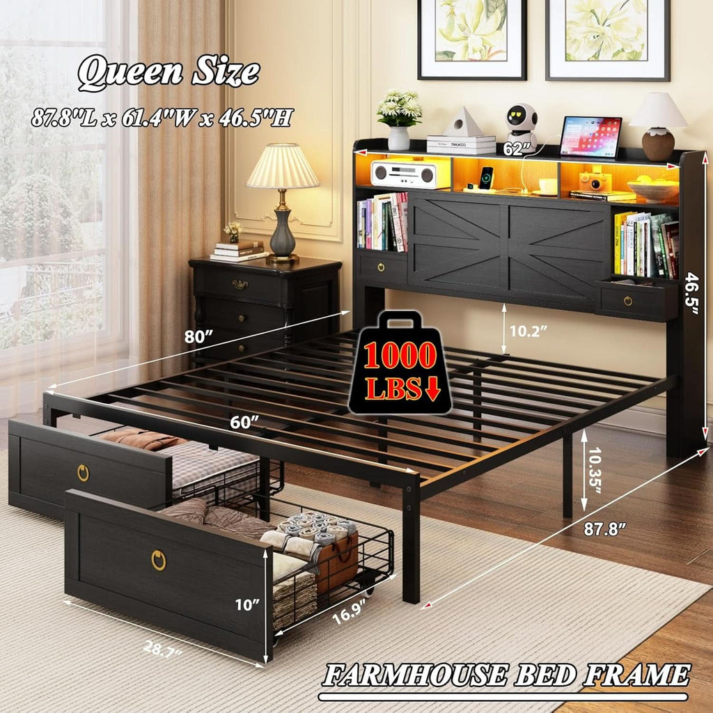 Queen Bed Frame With Storage Head board With LED Black