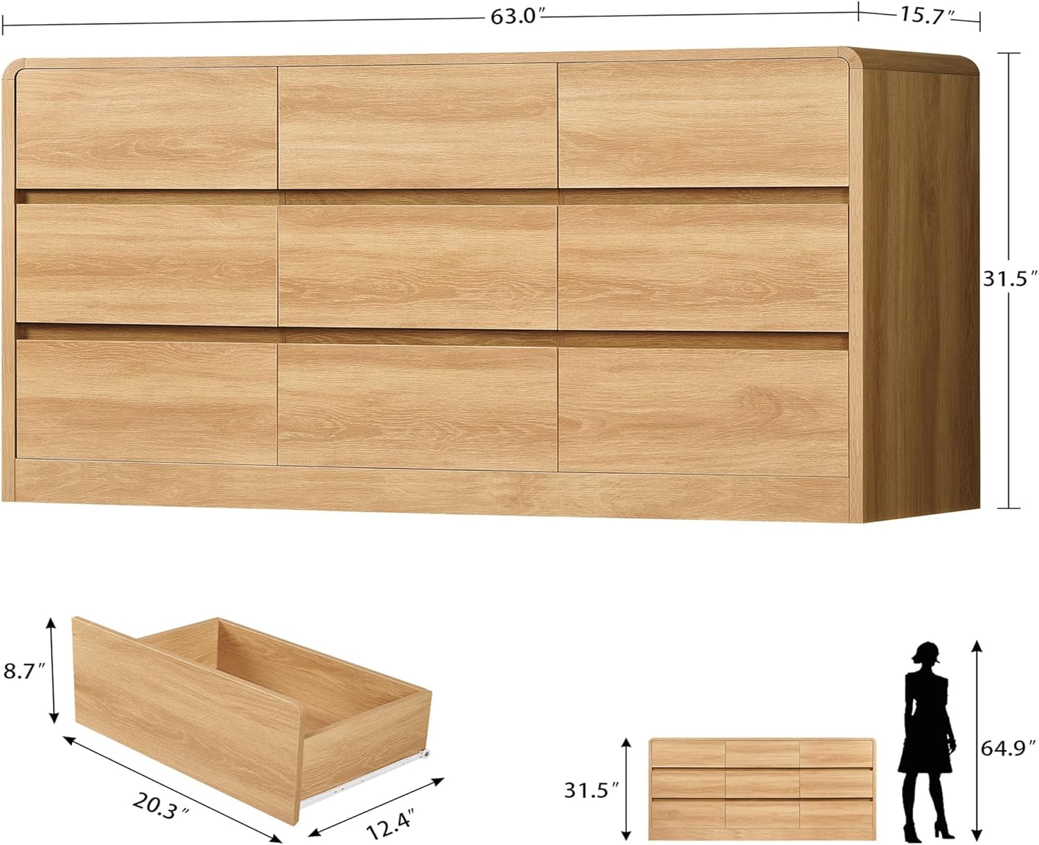 Sixty Three Inch Nine Drawer Dresser For Bedroom Organization