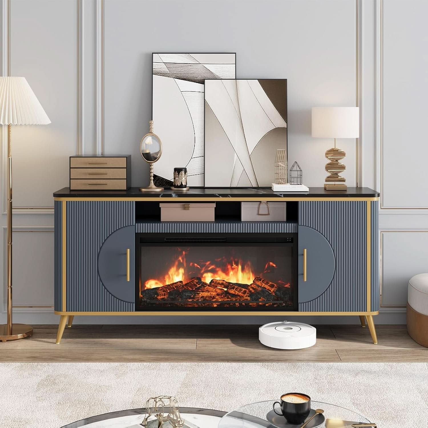 Fluted Fireplace TV Stand Navy Sophisticated Marble-1